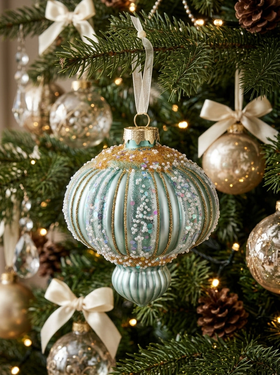 Frosted Aqua Palace – İnci ve Gold İşlemeli Buz Mavisi Cam Yılbaşı Ağacı Süsü - 11 CM