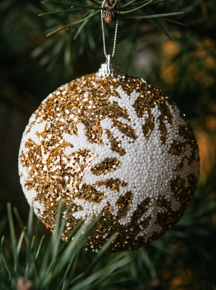 Champagne Snowfall – Beyaz Kar Tanesi Desenli Işıltılı Yılbaşı Topu