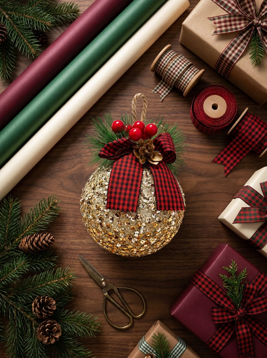 Champagne Glitter Tartan Bow – Ekose Fiyonklu Payetli Yılbaşı Topu