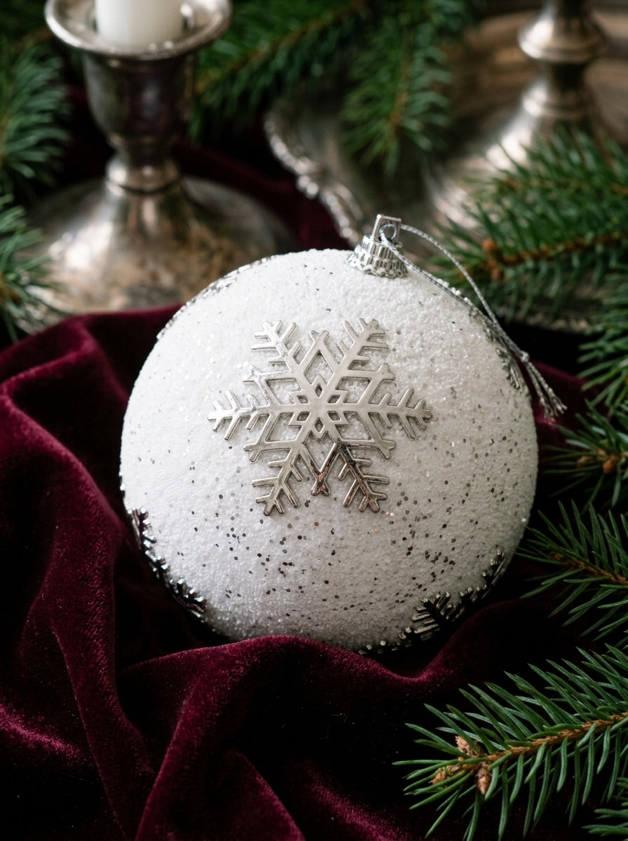 Silver Snowflake Dream – Gümüş Kar Tanesi Desenli Beyaz Yılbaşı Topu