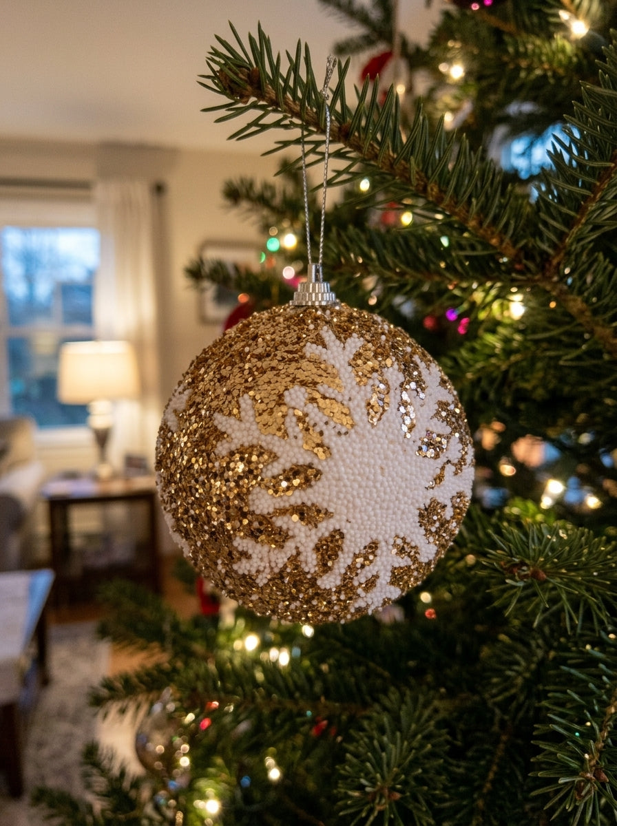 Champagne Snowfall – Beyaz Kar Tanesi Desenli Işıltılı Yılbaşı Topu