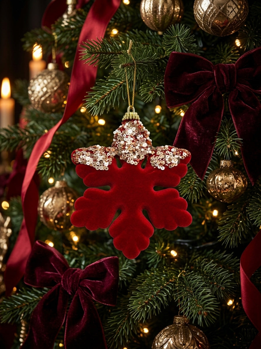Ruby Snowflake Bordo Kadife Payetli Yılbaşı Kar Tanesi Ağaç Süsü - 12 CM