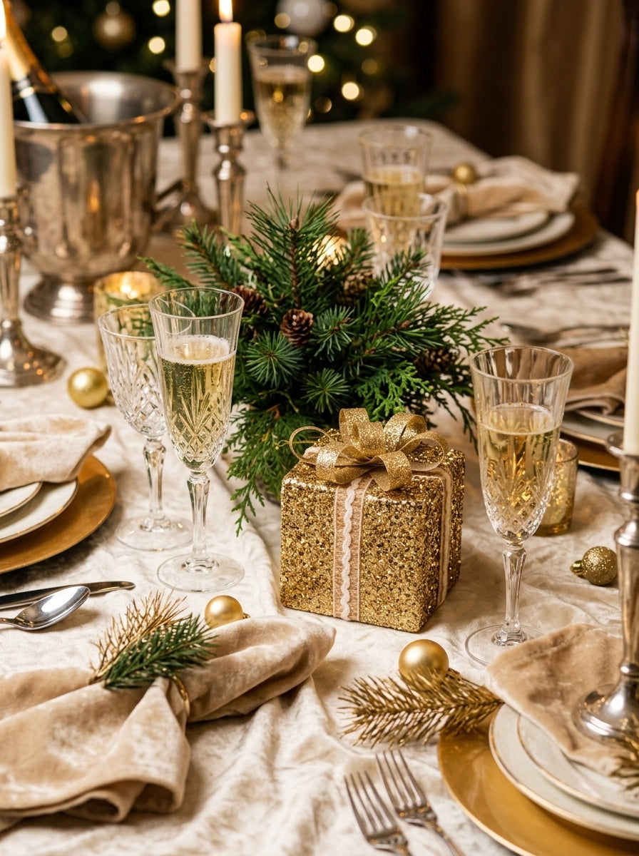 Golden Christmas Gift – Işıltılı Gold Fiyonklu Dekoratif Yılbaşı Hediye Paketi