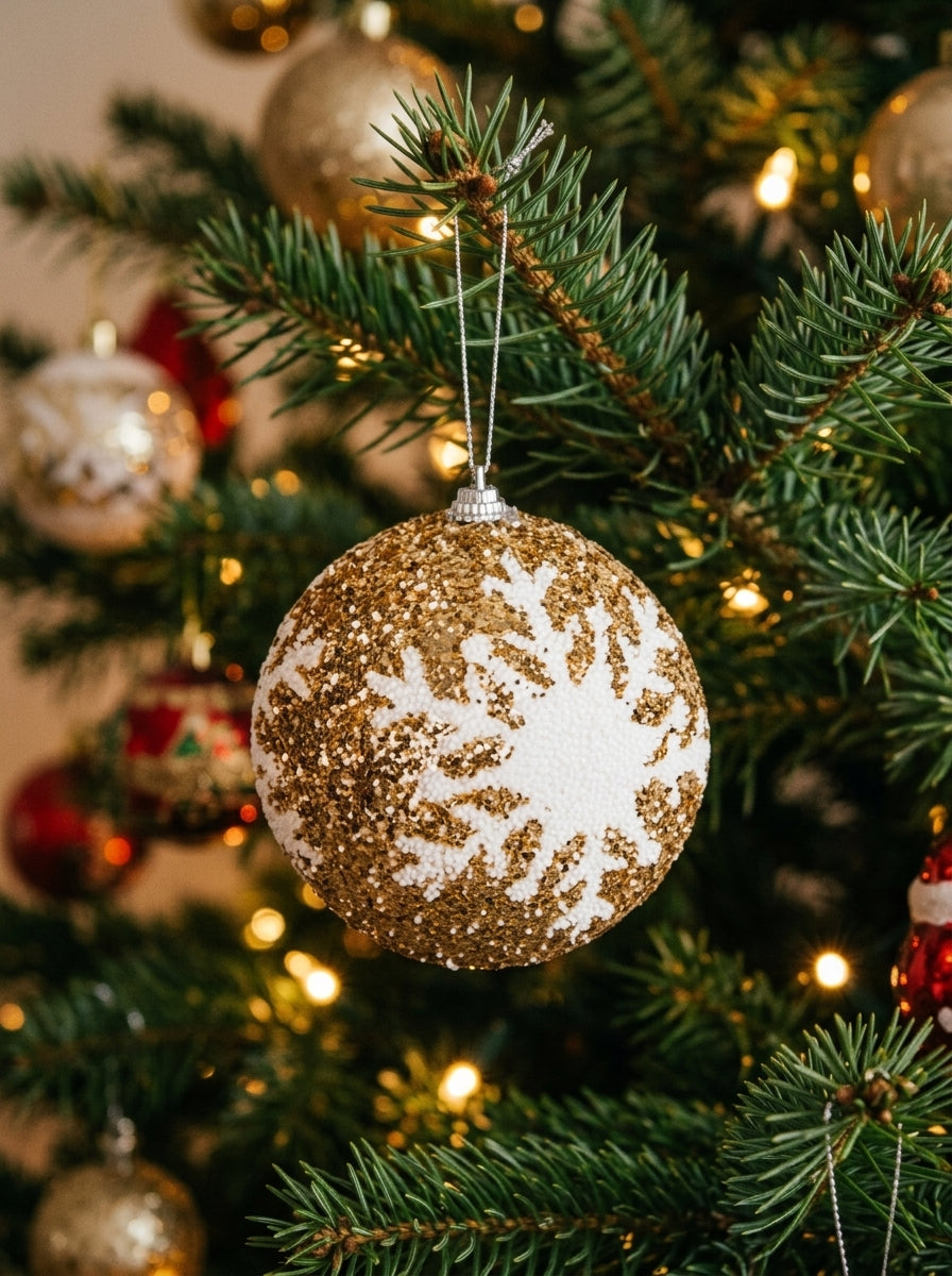 Champagne Snowfall – Beyaz Kar Tanesi Desenli Işıltılı Yılbaşı Topu