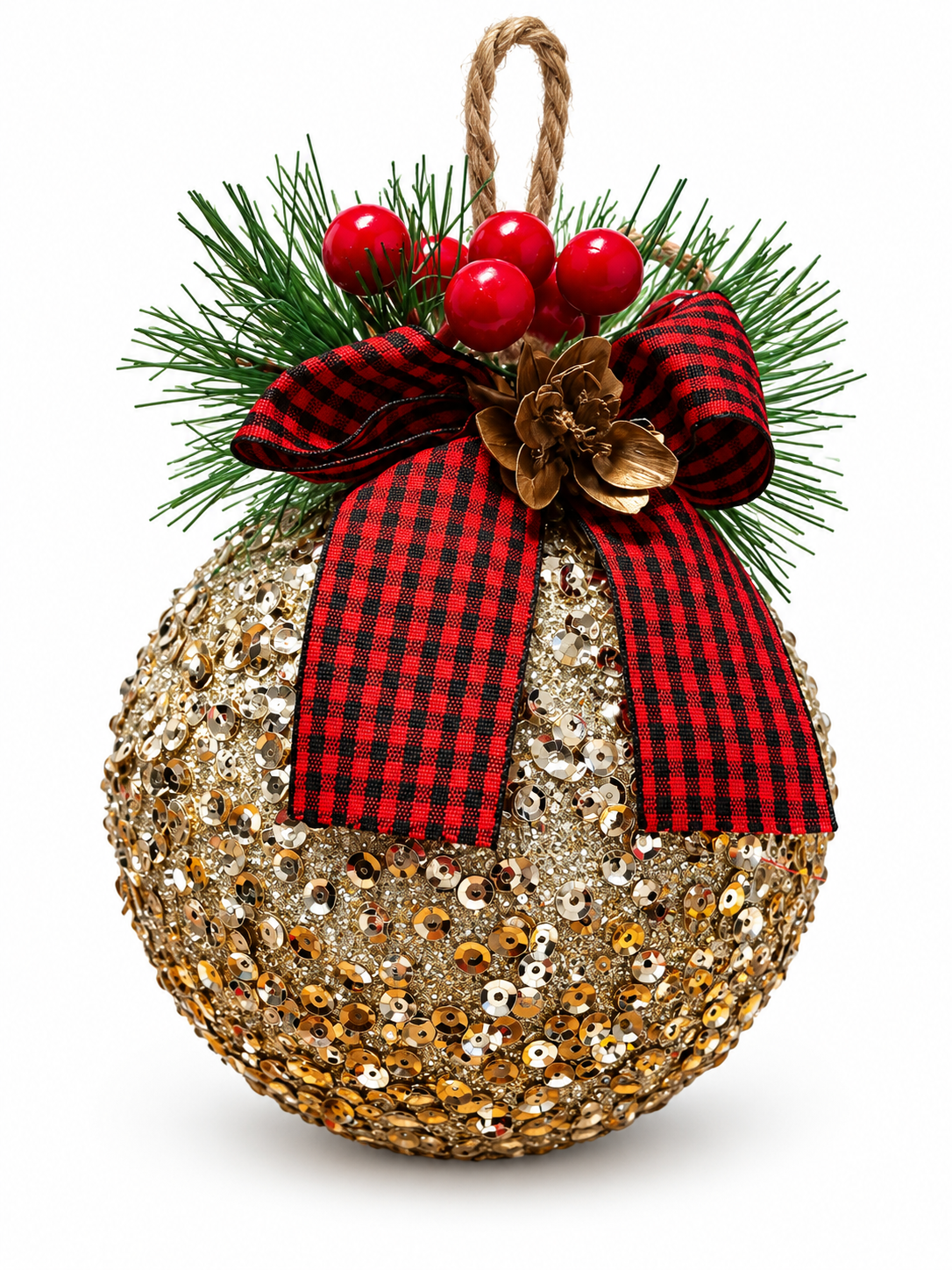 Champagne Glitter Tartan Bow – Ekose Fiyonklu Payetli Yılbaşı Topu