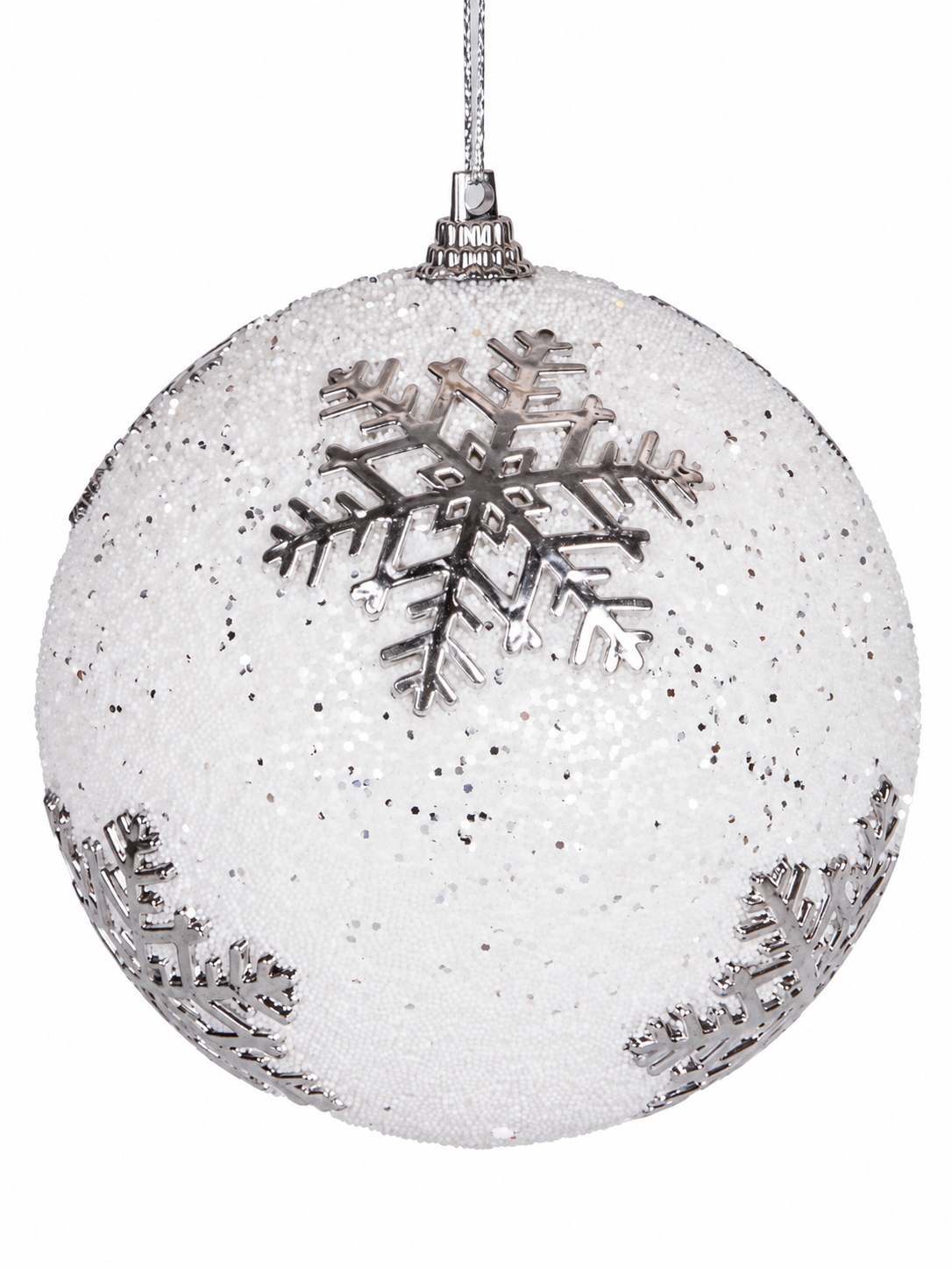 Silver Snowflake Dream – Gümüş Kar Tanesi Desenli Beyaz Yılbaşı Topu