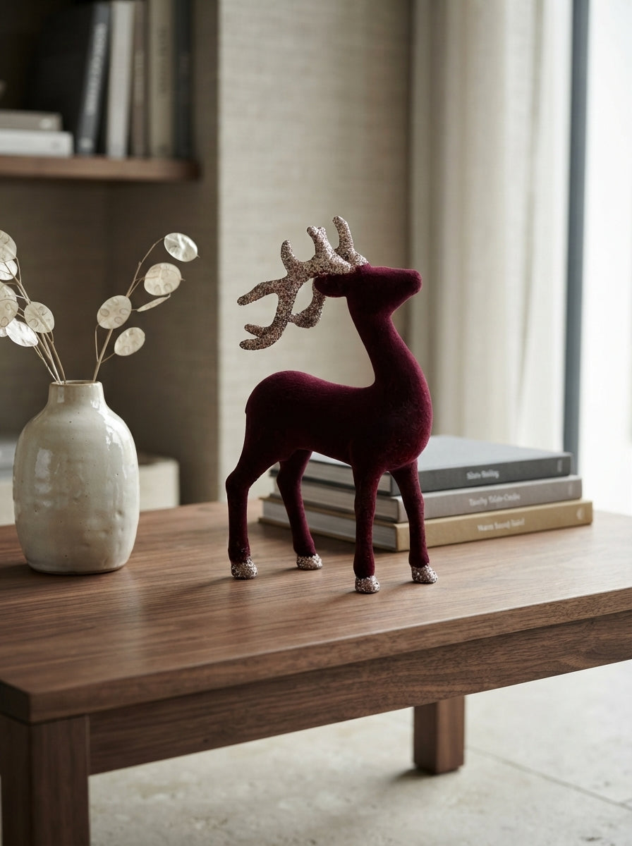 Burgundy Velvet Reindeer Dekoratif Yılbaşı Geyiği