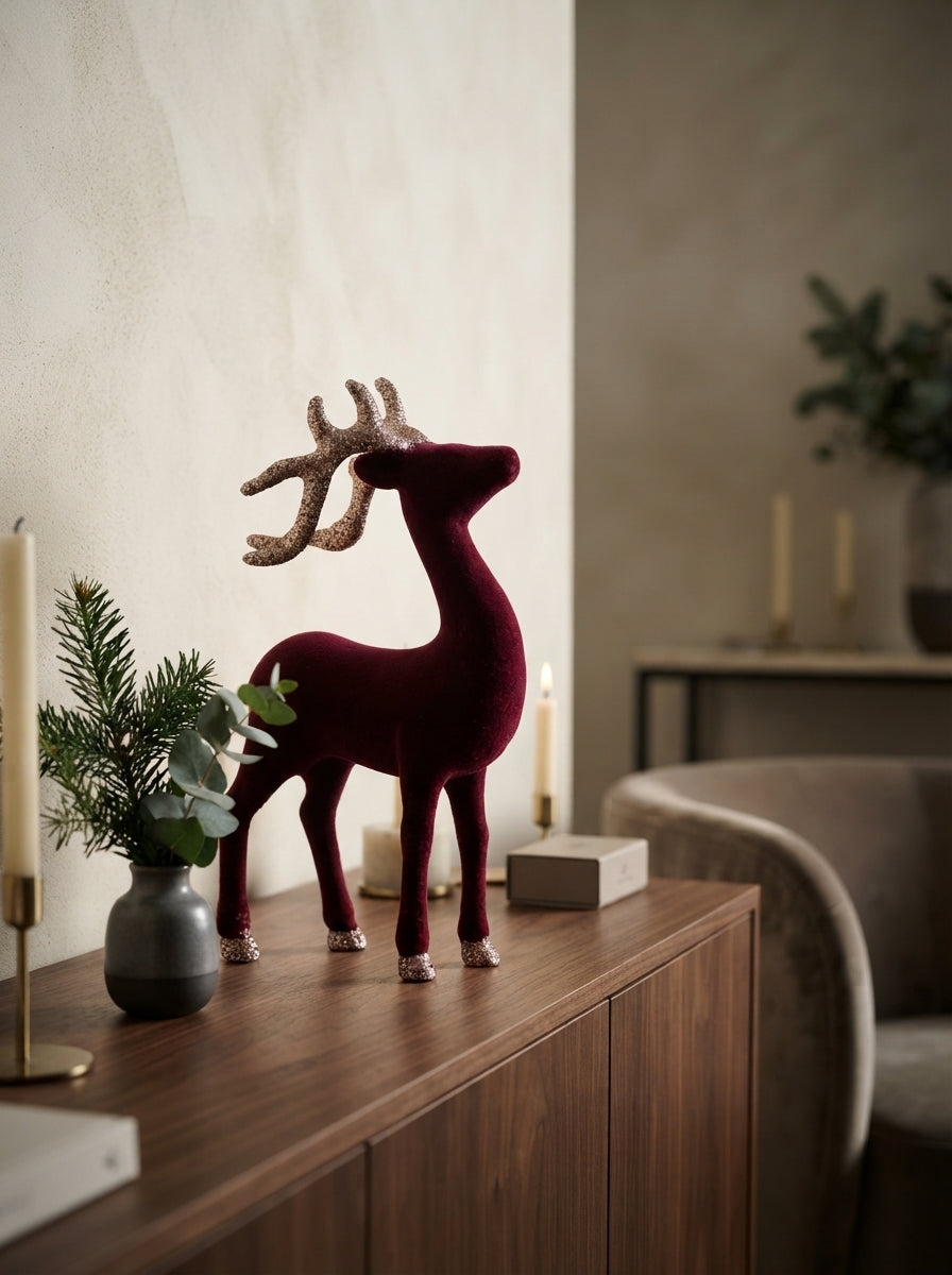 Burgundy Velvet Reindeer Dekoratif Yılbaşı Geyiği