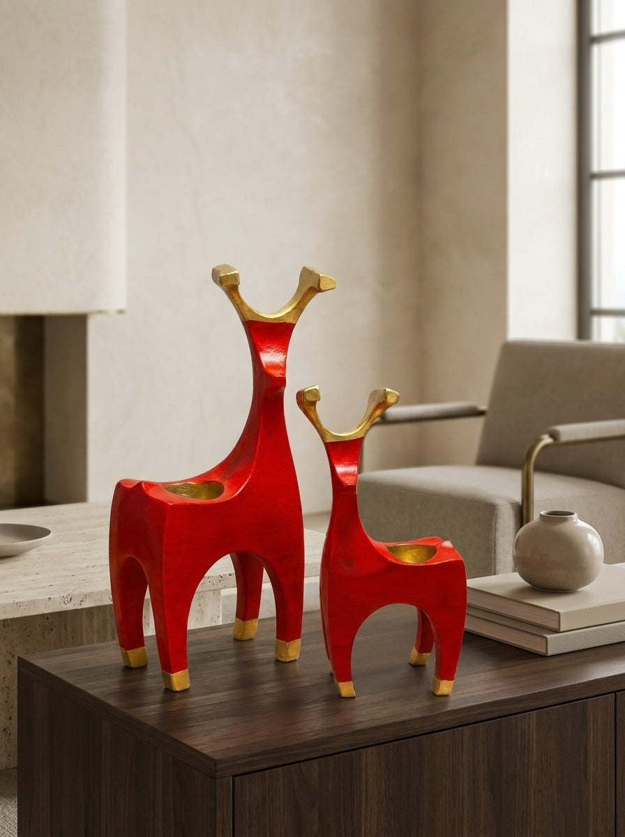 Golden Reindeer Duo – Kırmızı İkili Geyik Mumluk Seti