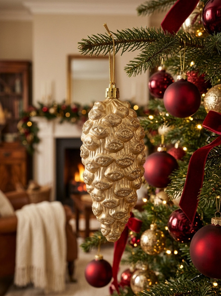 Golden Pine – Şampanya Gold Işıltılı Kozalak Yılbaşı Ağacı Süsü - 13 CM
