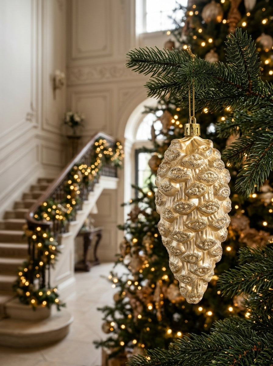 Golden Pine – Şampanya Gold Işıltılı Kozalak Yılbaşı Ağacı Süsü - 13 CM
