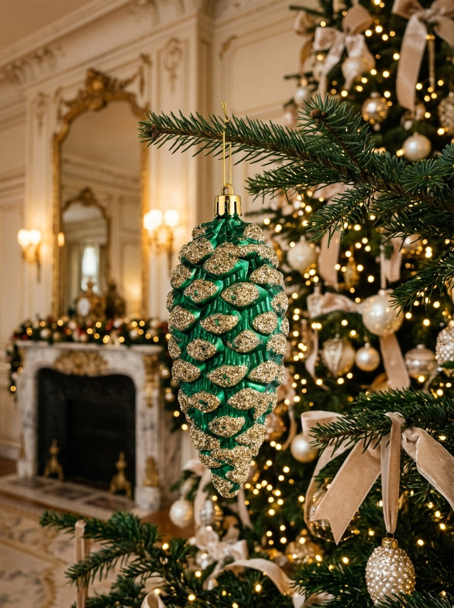 Emerald Pine – Zümrüt Yeşili Gold Işıltılı Kozalak Yılbaşı Ağacı Süsü - 13 CM