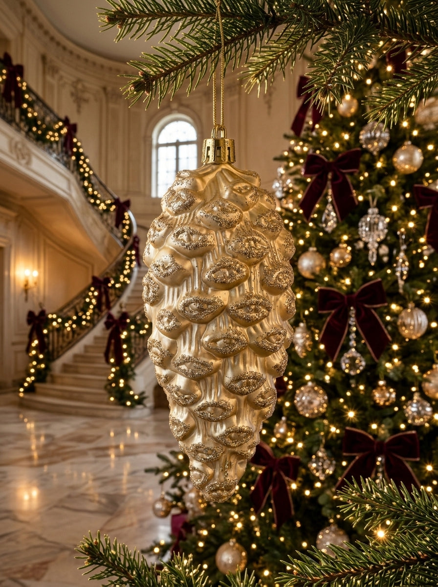 Golden Pine – Şampanya Gold Işıltılı Kozalak Yılbaşı Ağacı Süsü - 13 CM