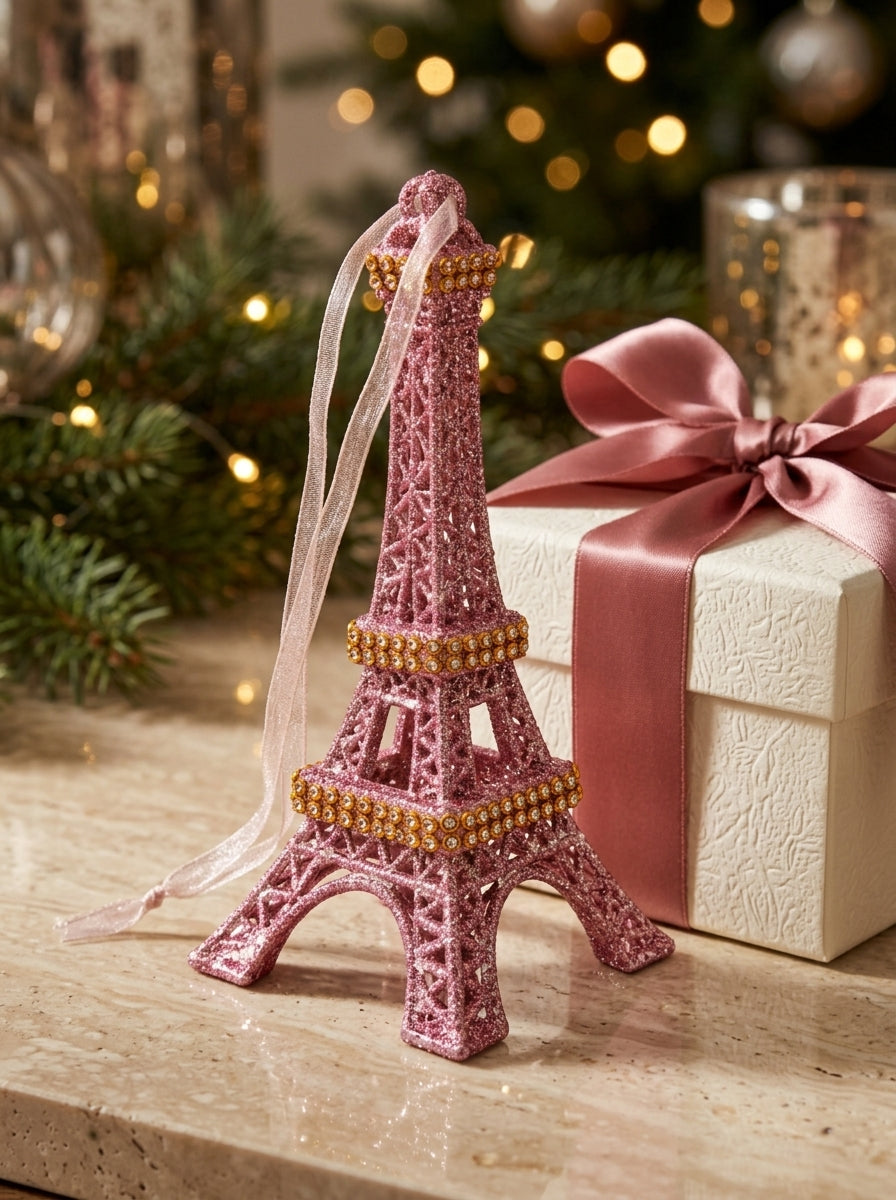 Pembe Glitter Eyfel Kulesi Yılbaşı Süsü