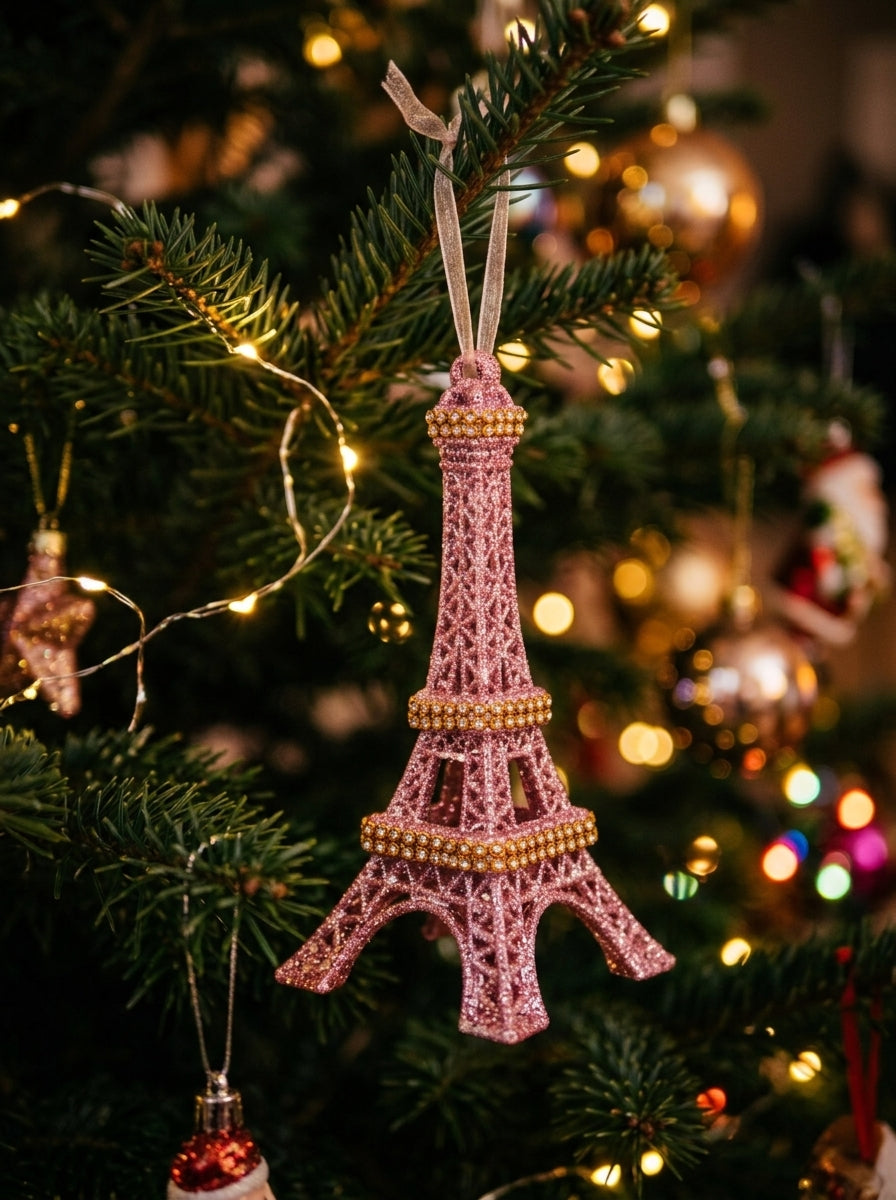 Pembe Glitter Eyfel Kulesi Yılbaşı Süsü