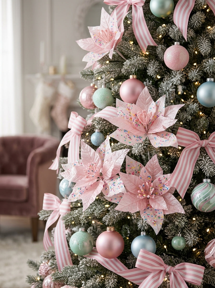 Pink Candy Poinsettia Glitter Yılbaşı Ağacı Süsü