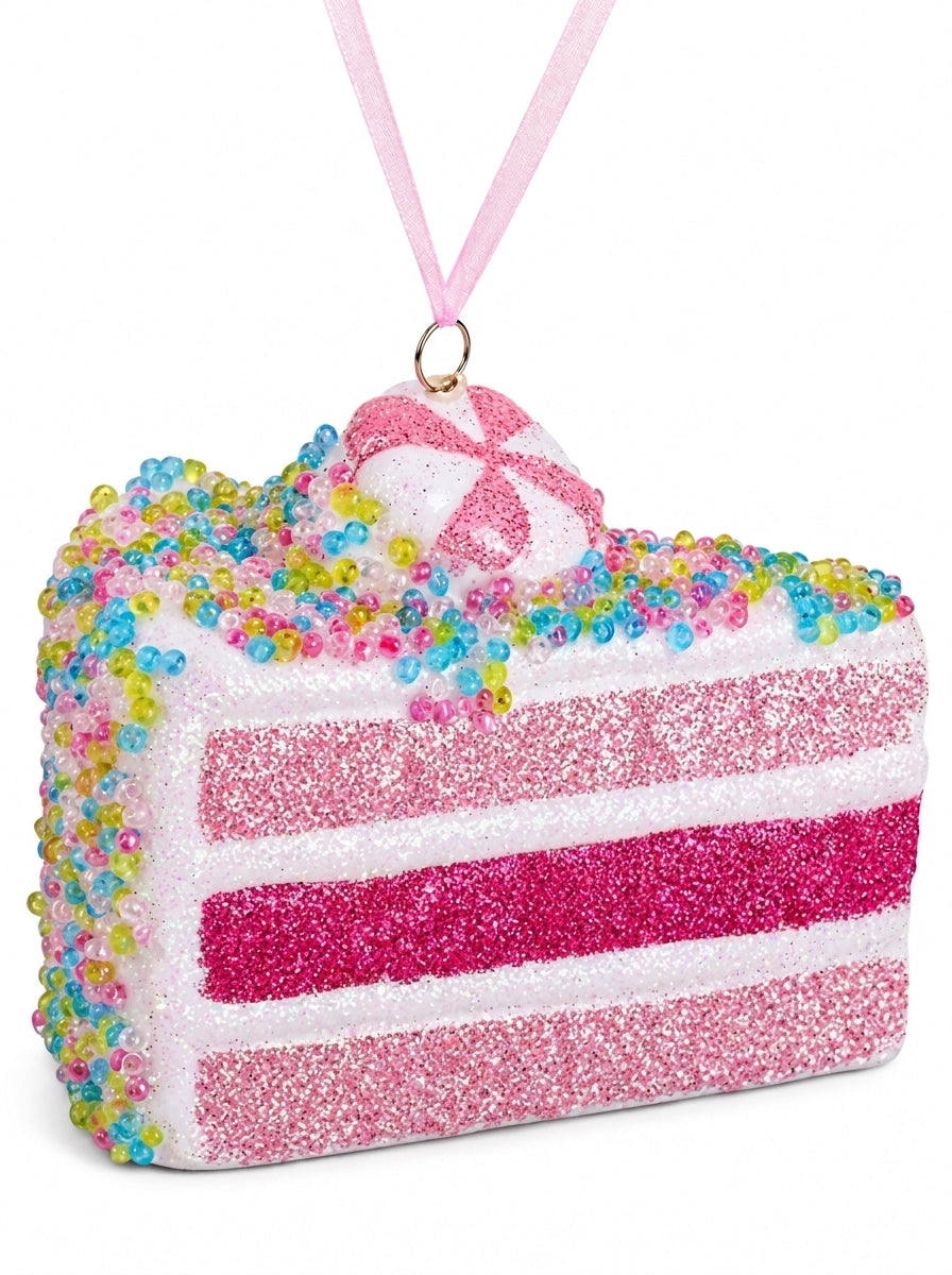 Pink Patisserie – Pembe Işıltılı Pasta Dilimi Yılbaşı Ağacı Süsü - 9 CM