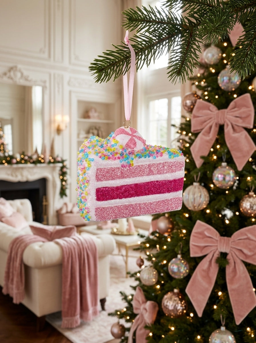 Pink Patisserie – Pembe Işıltılı Pasta Dilimi Yılbaşı Ağacı Süsü - 9 CM