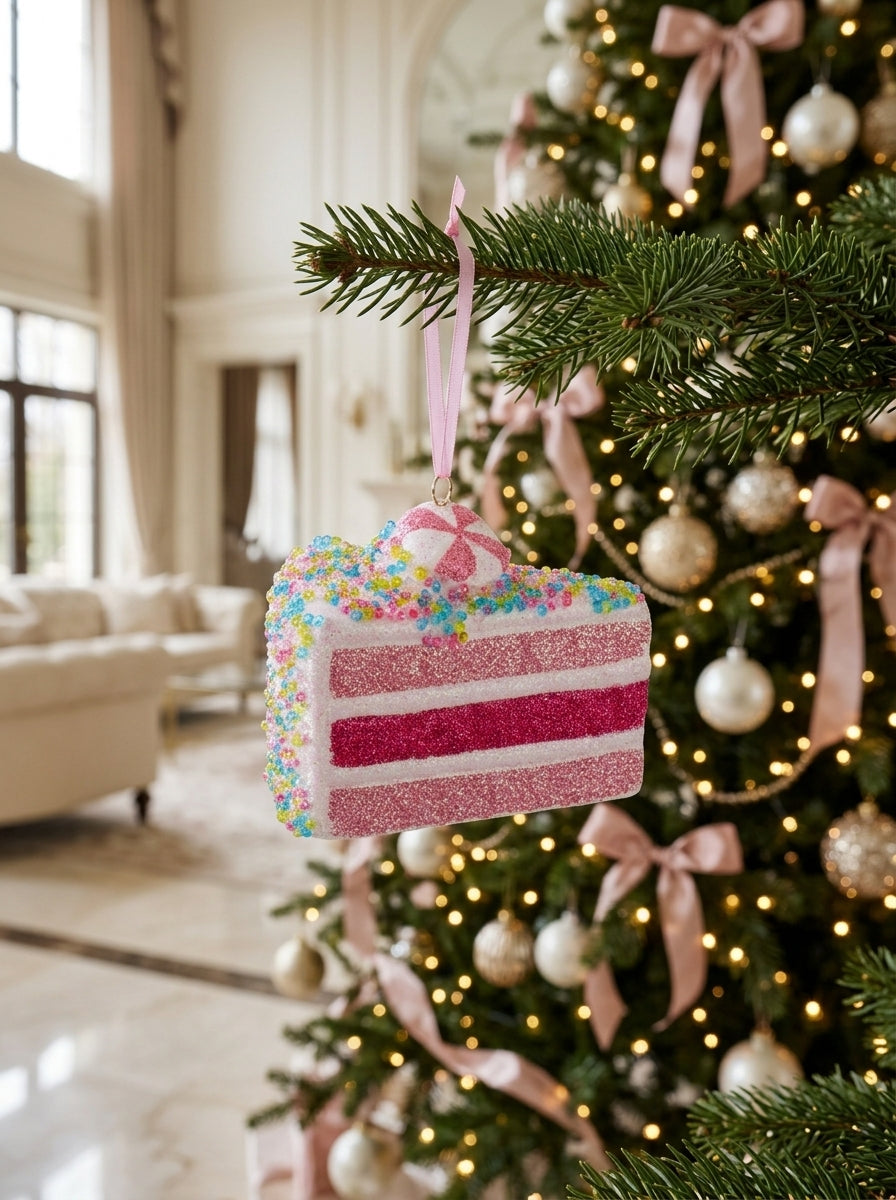 Pink Patisserie – Pembe Işıltılı Pasta Dilimi Yılbaşı Ağacı Süsü - 9 CM