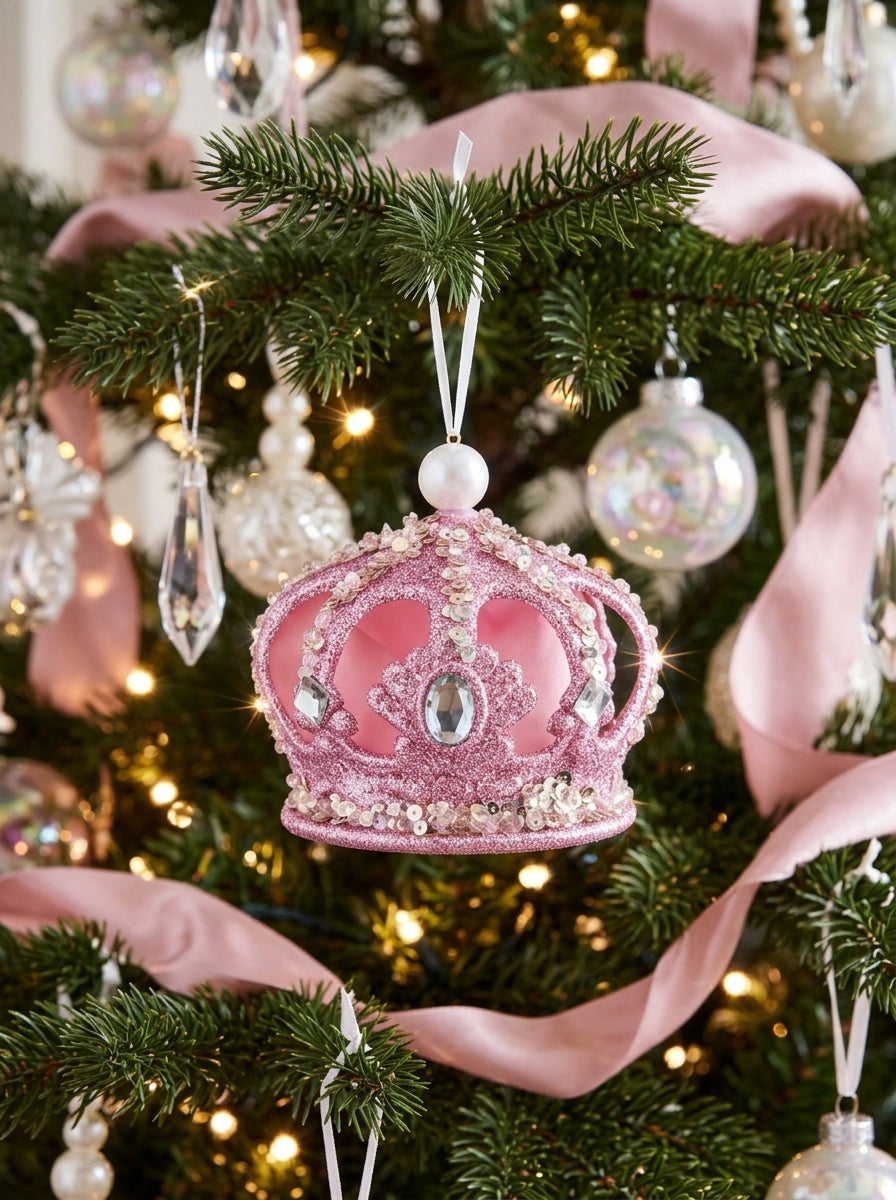 Pink Royal – Kristal Işıltılı Pembe Kraliyet Tacı Yılbaşı Ağacı Süsü - 8 CM