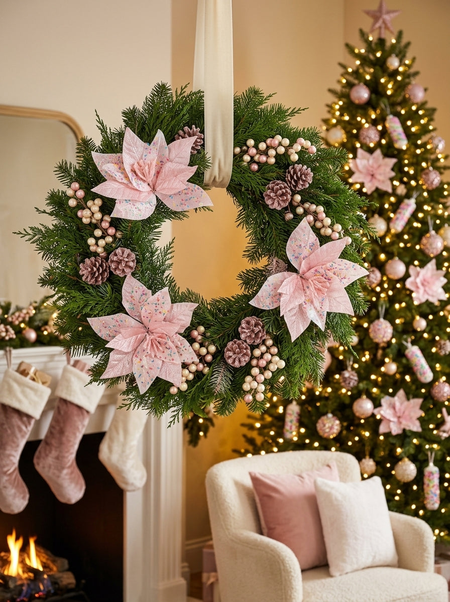 Pink Candy Poinsettia Glitter Yılbaşı Ağacı Süsü