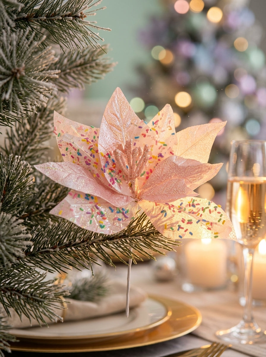 Pink Candy Poinsettia Glitter Yılbaşı Ağacı Süsü