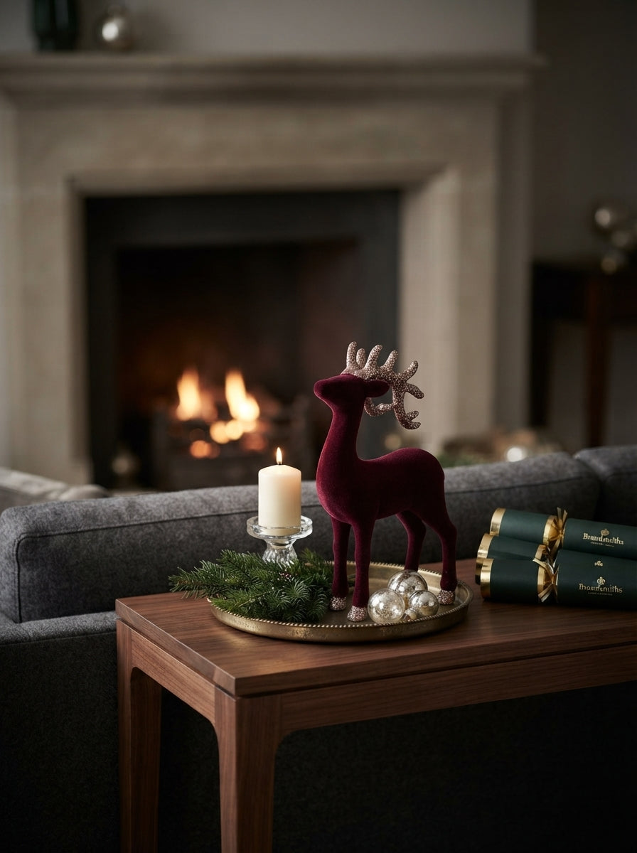 Burgundy Velvet Reindeer Dekoratif Yılbaşı Geyiği