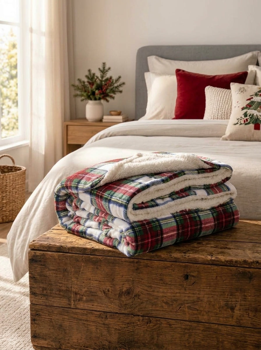 Winter Plaid Kürk Dokulu Çift Katmanlı Battaniye