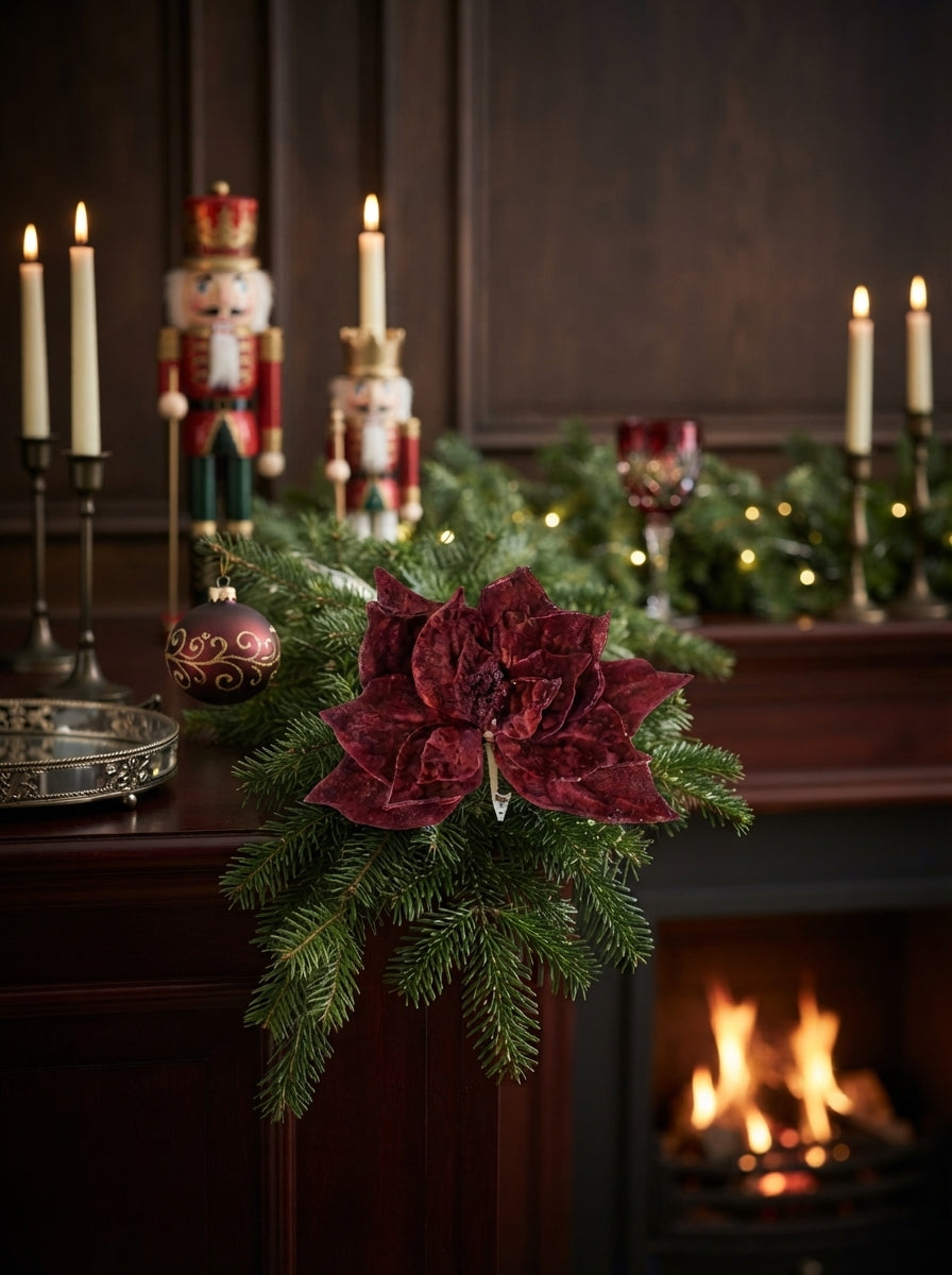 Burgundy Poinsettia Glitter Klipsli Yılbaşı Ağacı Süsü