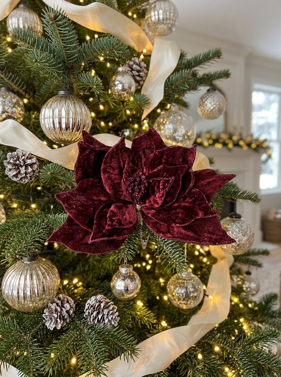 Burgundy Poinsettia Glitter Klipsli Yılbaşı Ağacı Süsü