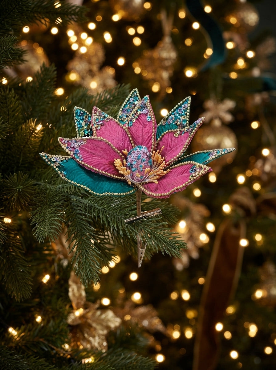 Emerald Pink Poinsettia Klipsli Dekoratif Yılbaşı Çiçeği