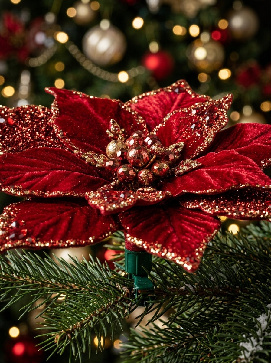 Ruby Crystal Poinsettia Klipsli Yılbaşı Çiçeği