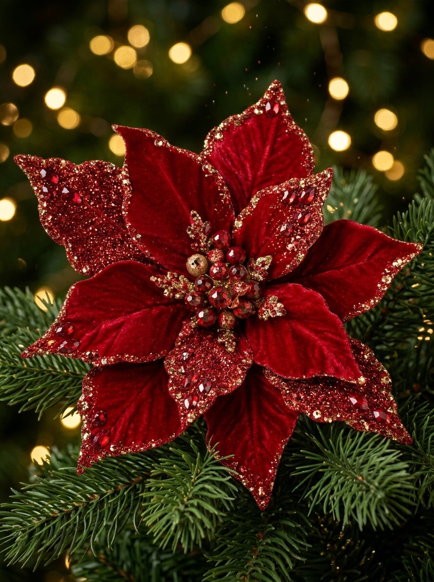 Ruby Crystal Poinsettia Klipsli Yılbaşı Çiçeği