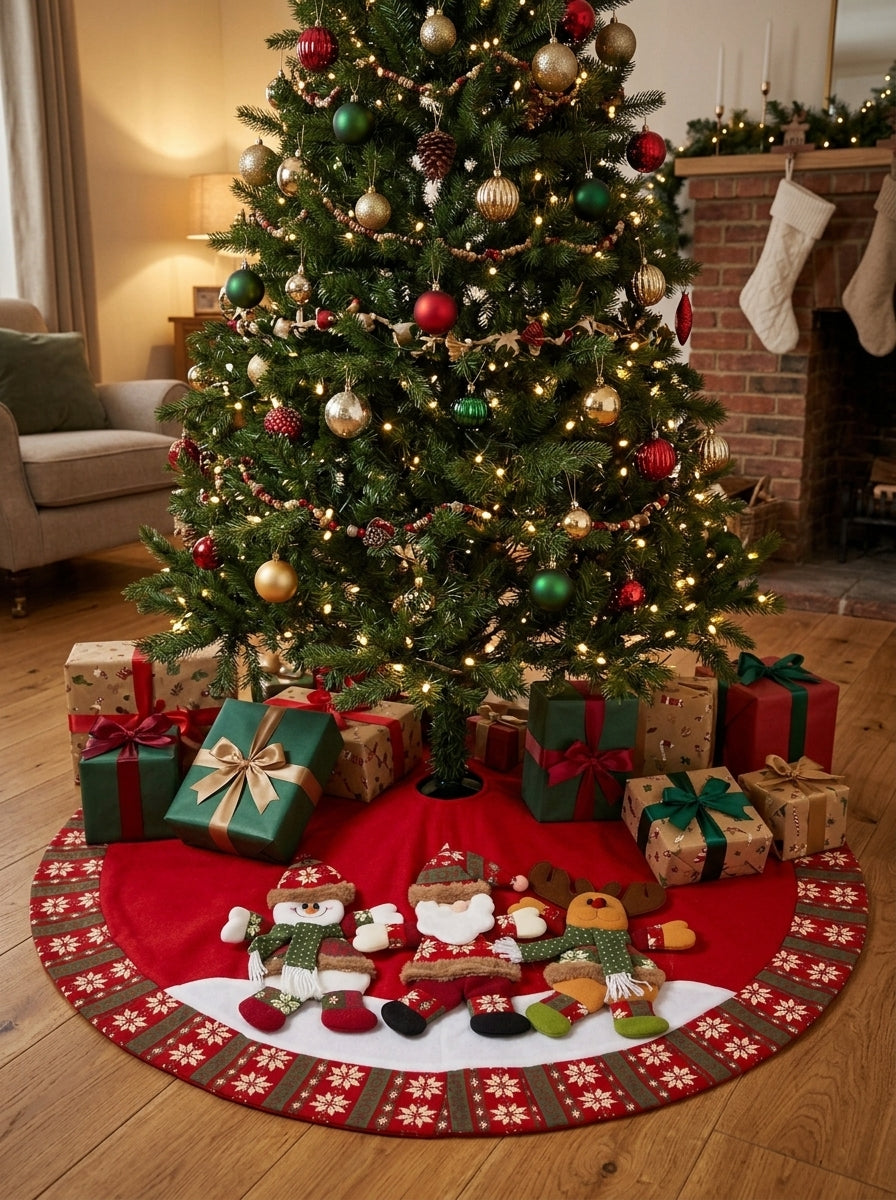 Christmas Story Santa Claus, Snowman and Reindeer Patterned Red Christmas Tree Skirt – 120 CM