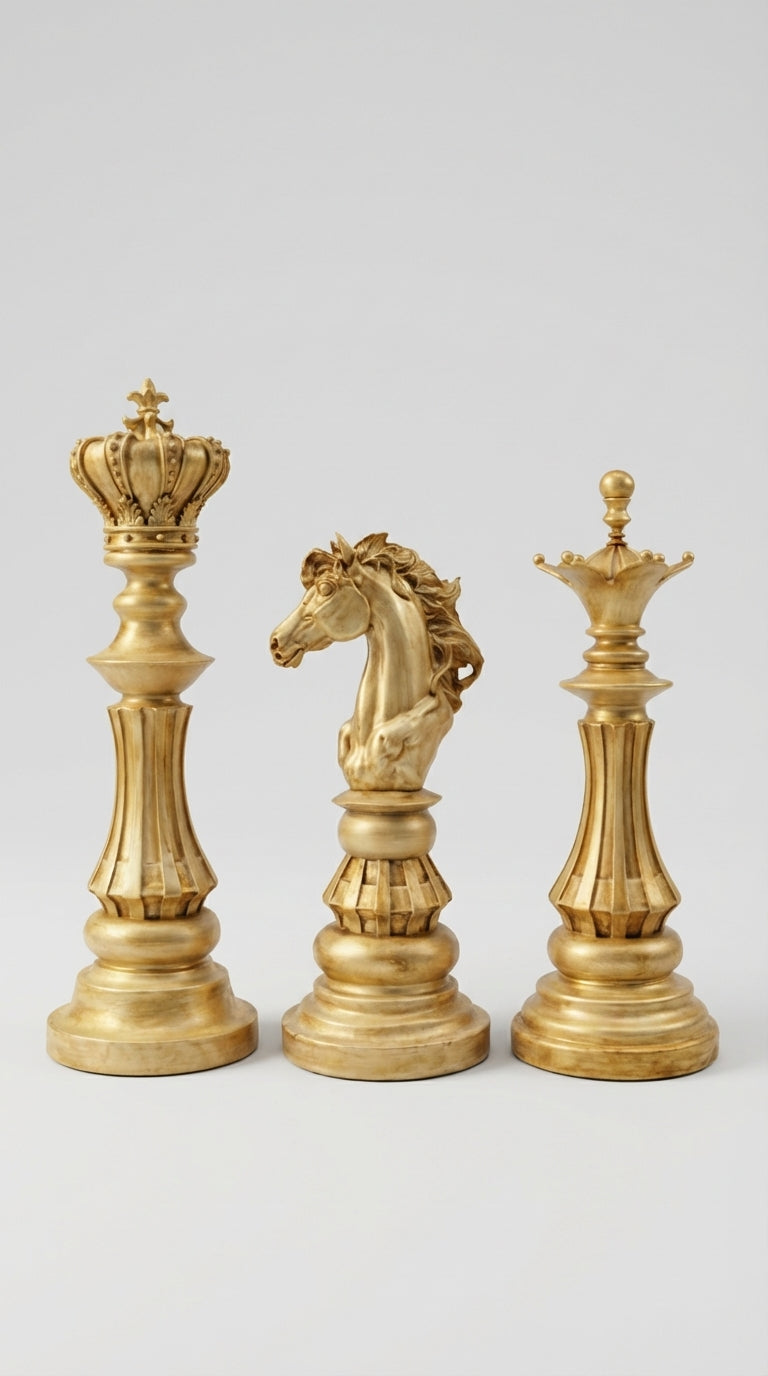 El Yapımı Dekoratif Satranç Figürleri – 3'lü Set - Vezir, Fil, At (Açık Ton)