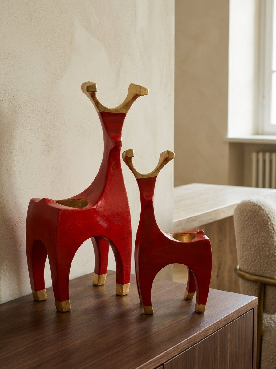 Golden Reindeer Duo – Kırmızı İkili Geyik Mumluk Seti