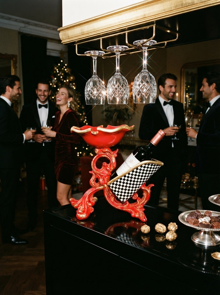 Royal Christmas Kırmızı &amp; Gold Şaraplık ve 3 Kadehlik