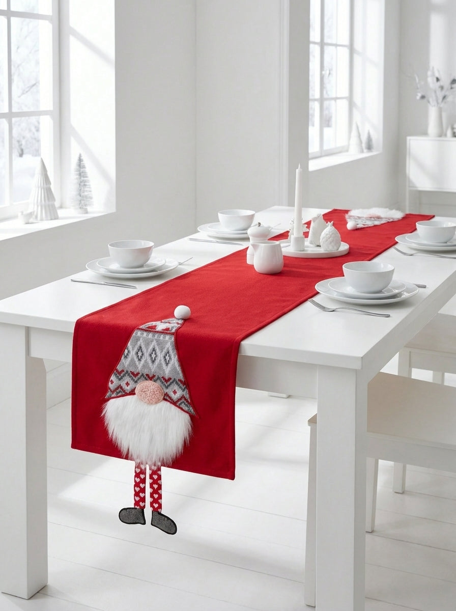 Christmas Gnome Kırmızı 3D Dekoratif Yılbaşı Runner