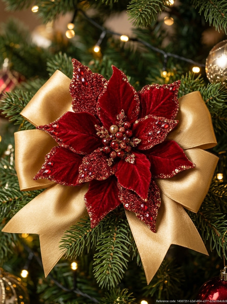 Ruby Crystal Poinsettia Klipsli Yılbaşı Çiçeği