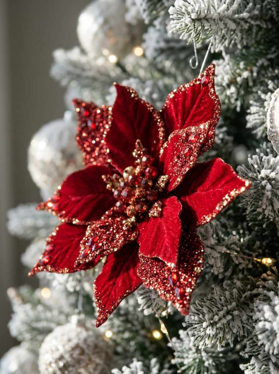Ruby Crystal Poinsettia Klipsli Yılbaşı Çiçeği