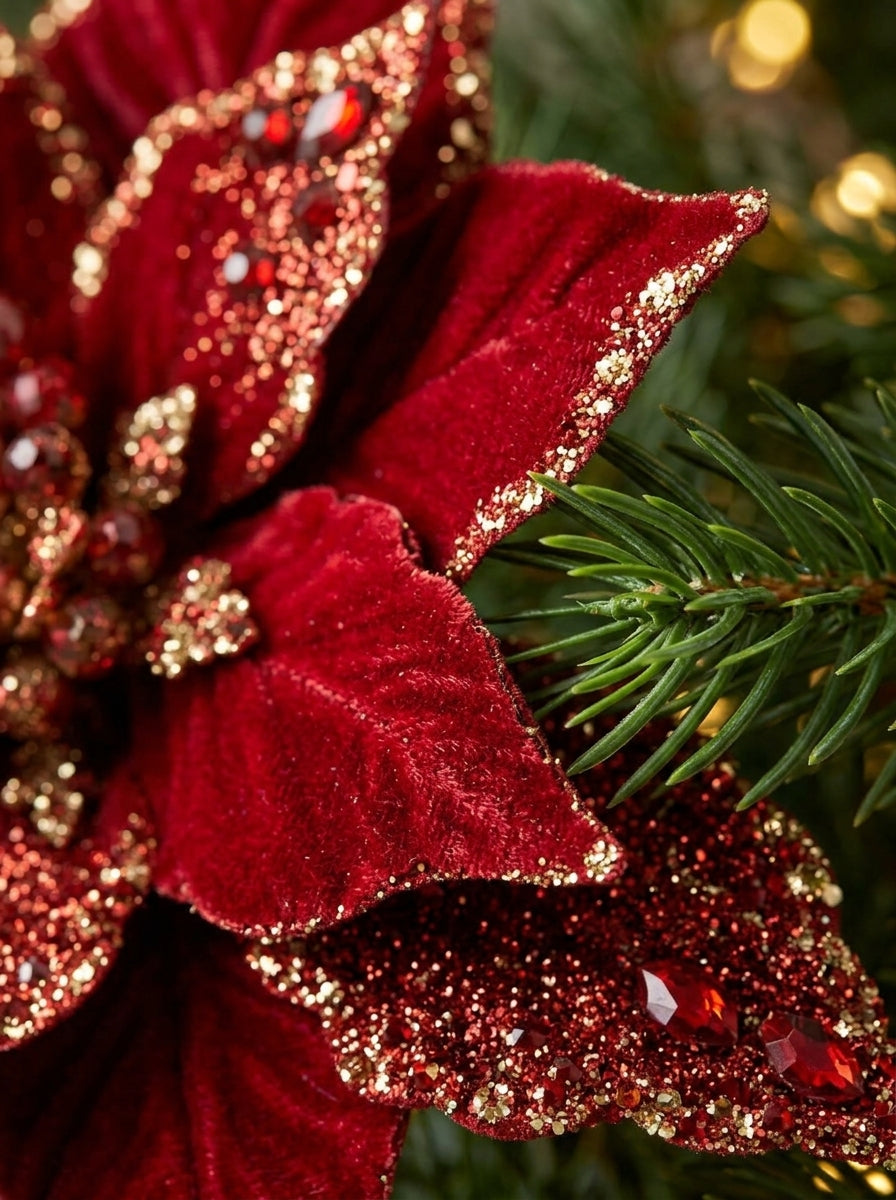 Ruby Crystal Poinsettia Klipsli Yılbaşı Çiçeği