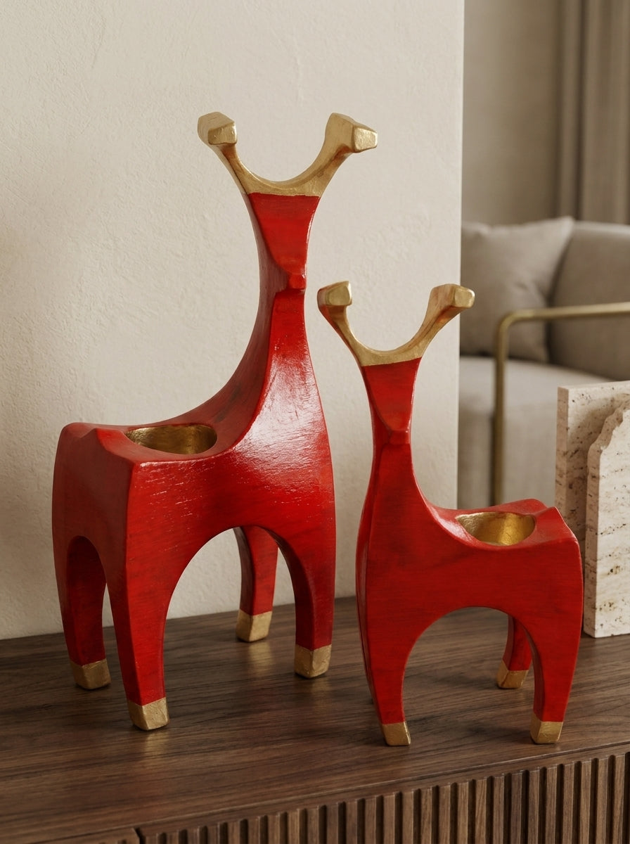 Golden Reindeer Duo – Kırmızı İkili Geyik Mumluk Seti