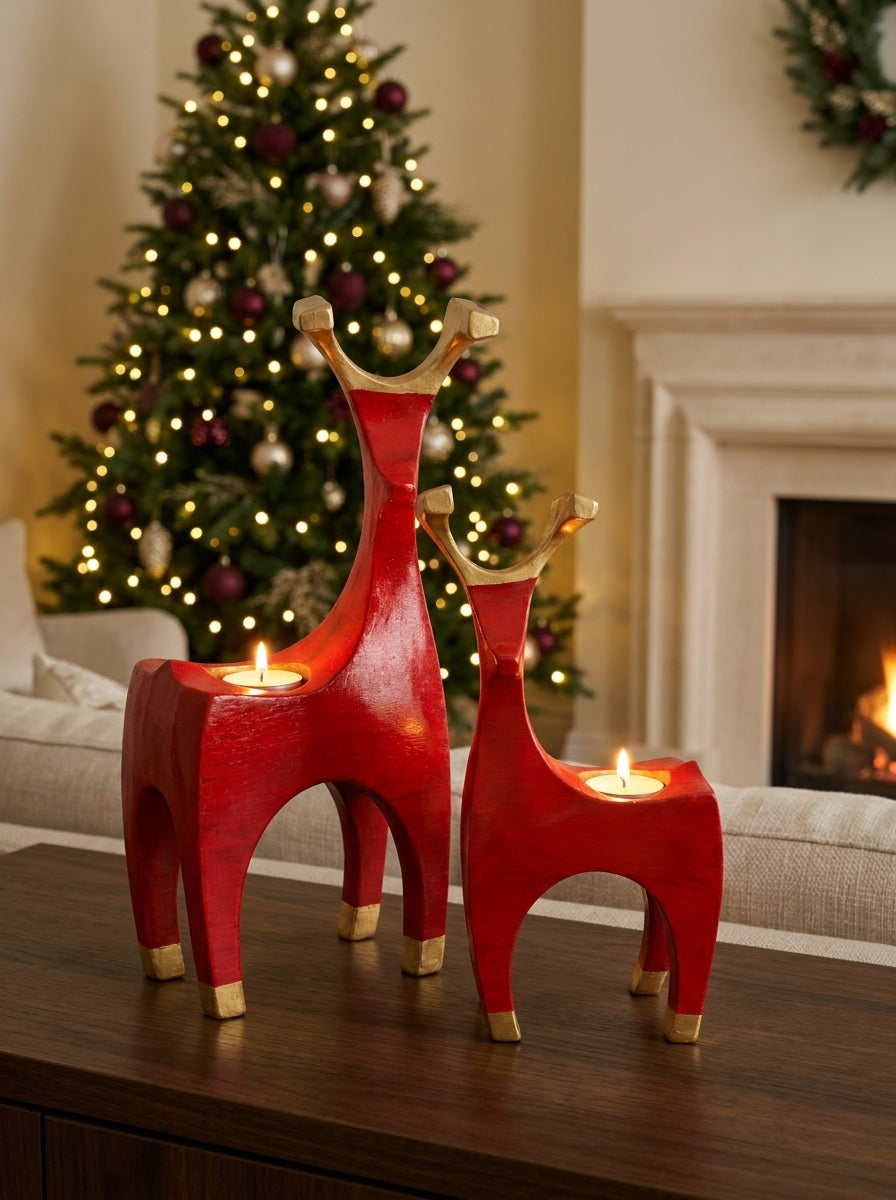 Golden Reindeer Duo – Kırmızı İkili Geyik Mumluk Seti