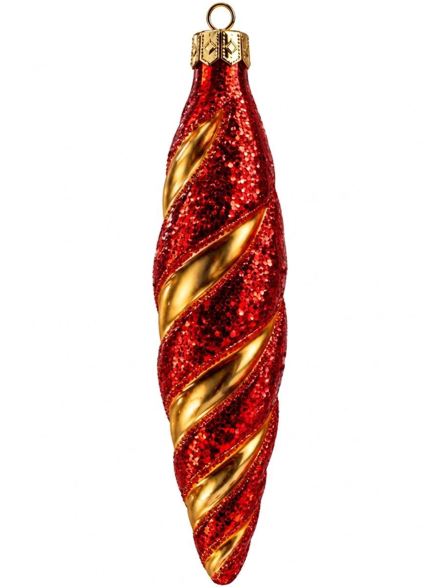 Ruby Golden Twist Kırmızı Glitter Altın Spiral Yılbaşı Ağaç Süsü – 8 CM