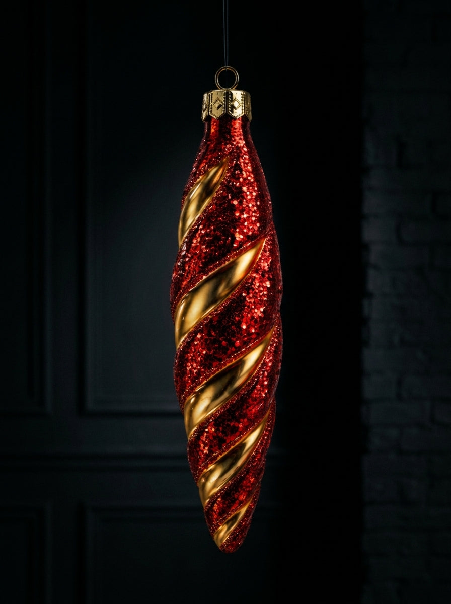 Ruby Golden Twist Kırmızı Glitter Altın Spiral Yılbaşı Ağaç Süsü – 8 CM