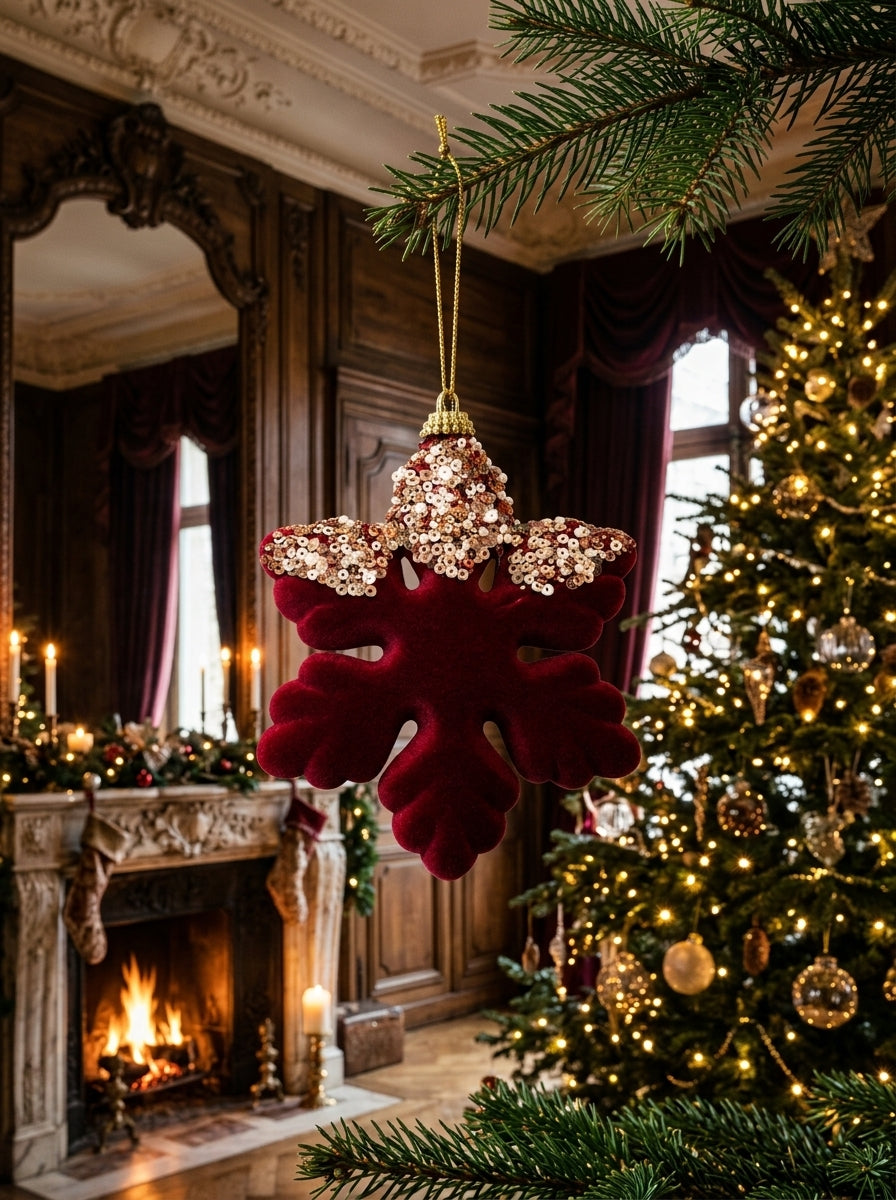 Ruby Snowflake Bordo Kadife Payetli Yılbaşı Kar Tanesi Ağaç Süsü - 12 CM