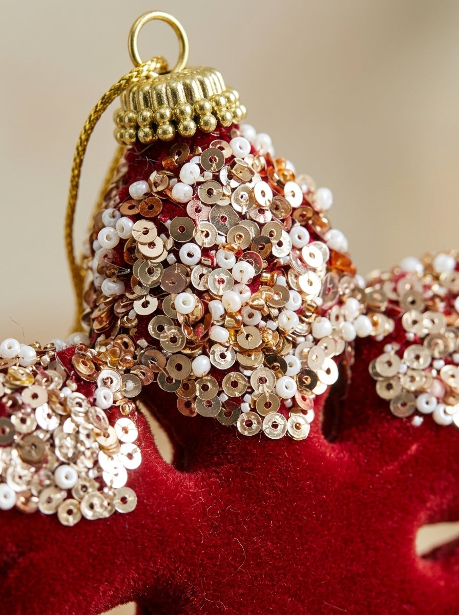 Ruby Snowflake Bordo Kadife Payetli Yılbaşı Kar Tanesi Ağaç Süsü - 12 CM