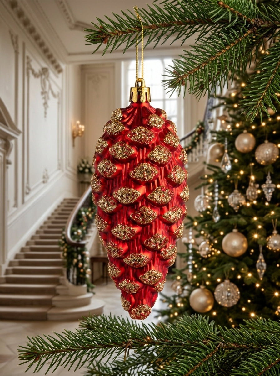 Ruby Pine – Kırmızı Gold Işıltılı Kozalak Yılbaşı Ağacı Süsü - 13 CM