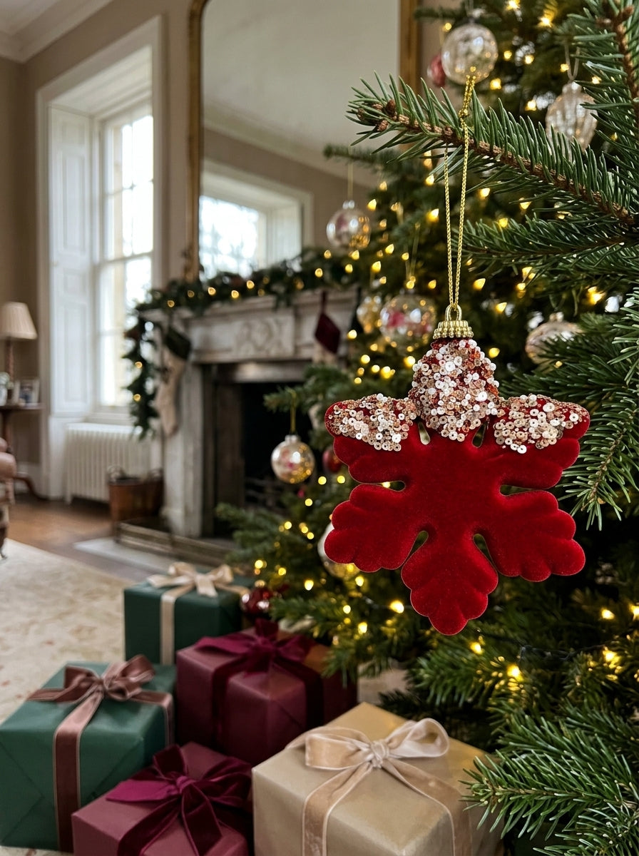 Ruby Snowflake Bordo Kadife Payetli Yılbaşı Kar Tanesi Ağaç Süsü - 12 CM