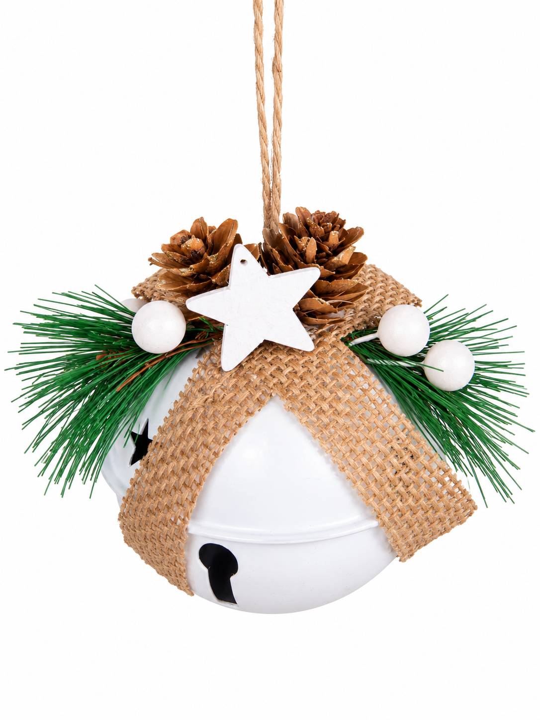 Nordic Christmas Bell – Kozalak ve Yıldız Detaylı Beyaz Yılbaşı Çanı